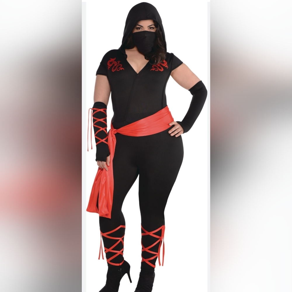 Plus Size,Black Bodysuit with Red Sash and Arm Wraps